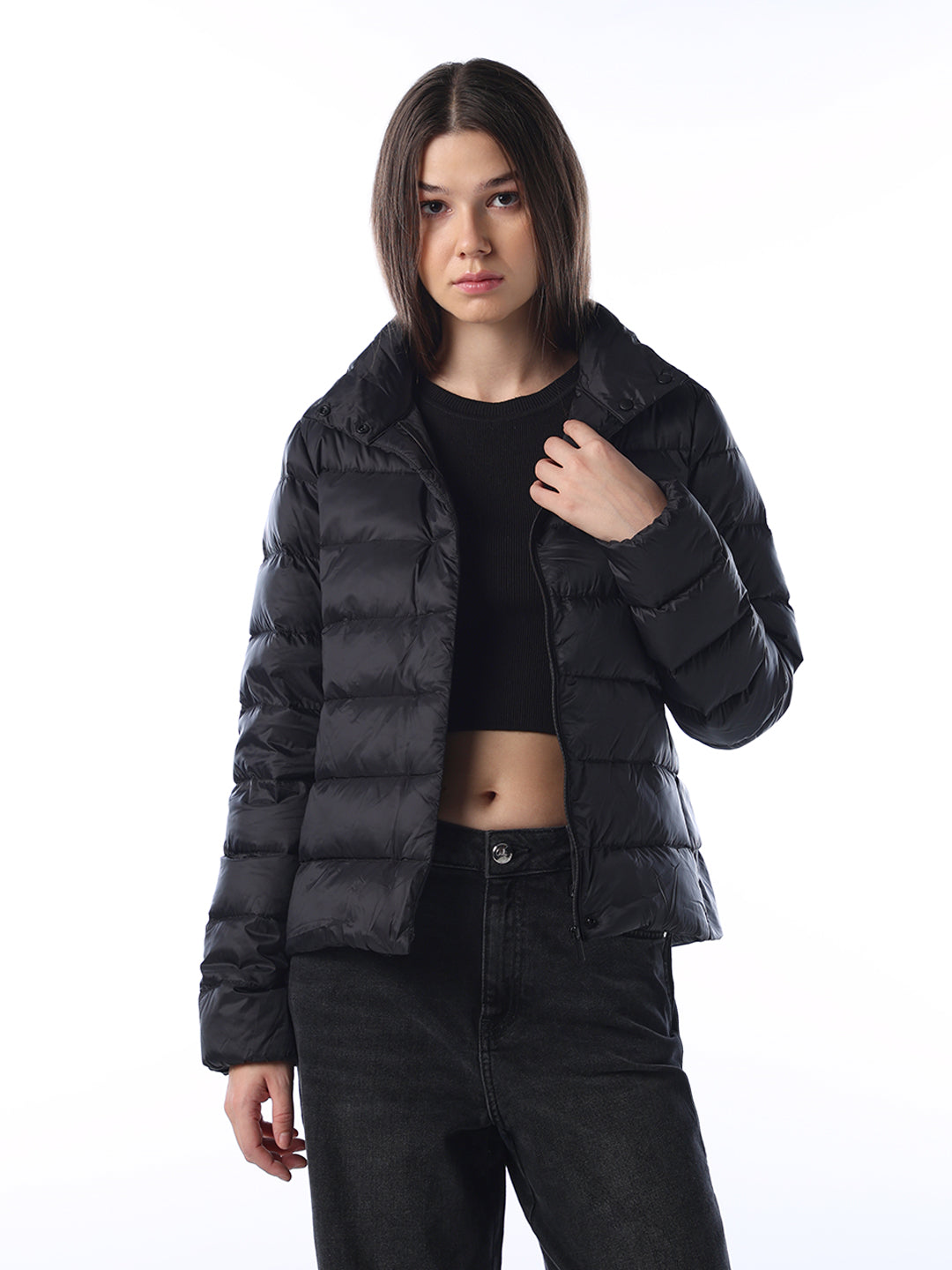 Quilted High Neck Puffer Jacket - Black