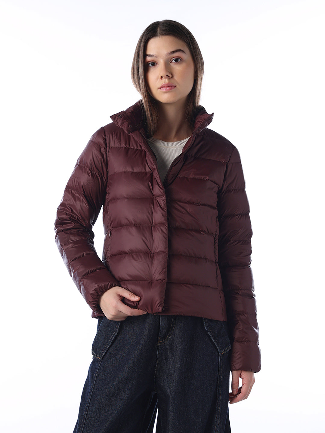 Quilted High Neck Puffer Jacket - Brown