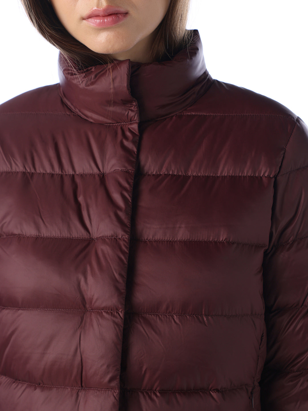 Quilted High Neck Puffer Jacket - Brown