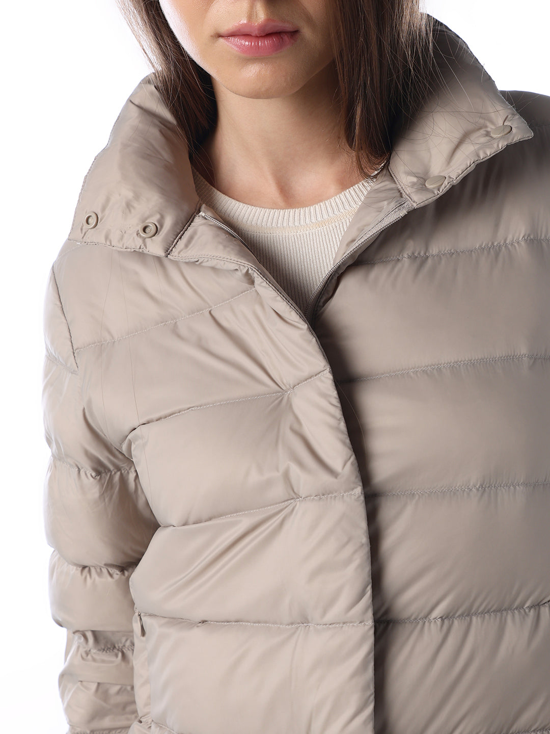 Quilted High Neck Puffer Jacket - Beige