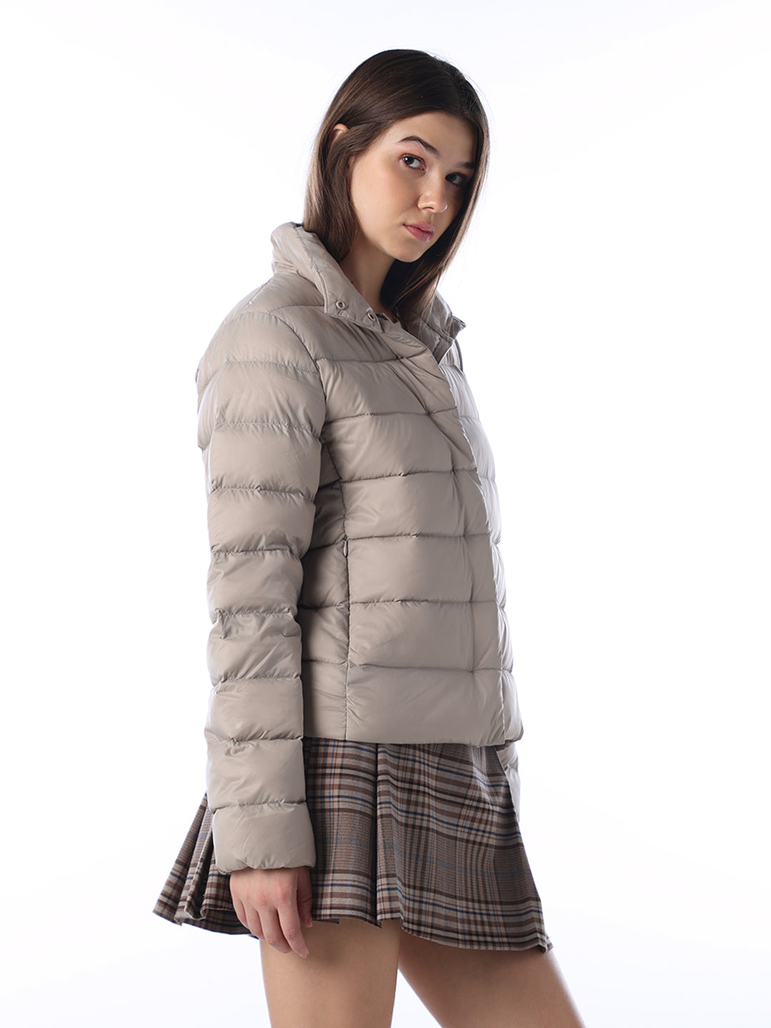 Quilted High Neck Puffer Jacket - Beige