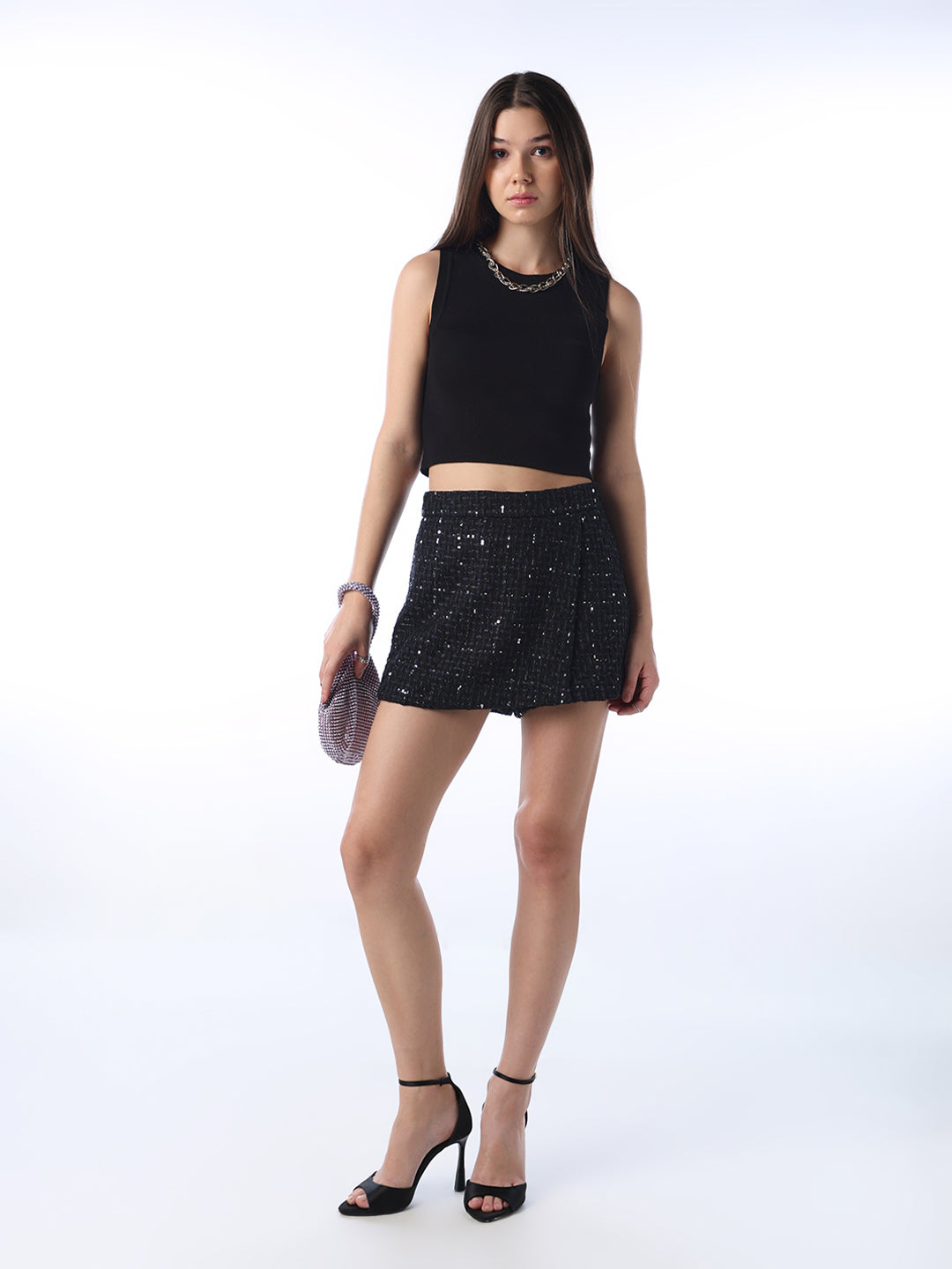 Black Boucle Sequin Skort