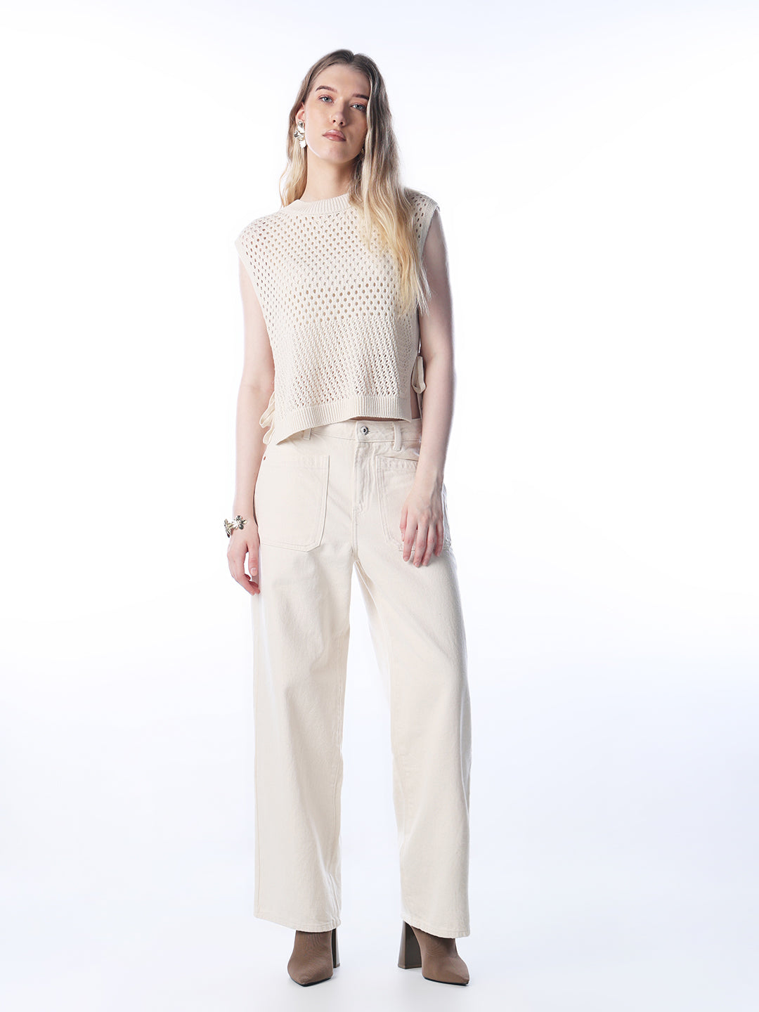 Ecru High Rise Wide Leg Jeans