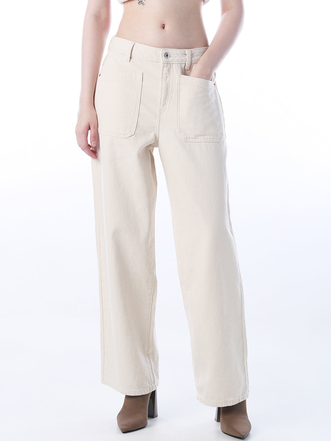 Ecru High Rise Wide Leg Jeans