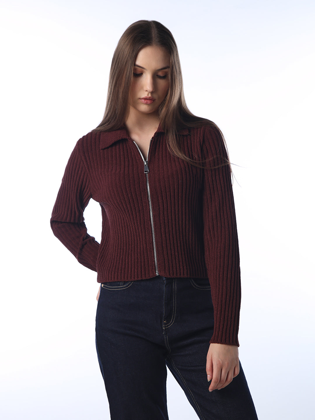 Ribbed Zip Polo Cardigan