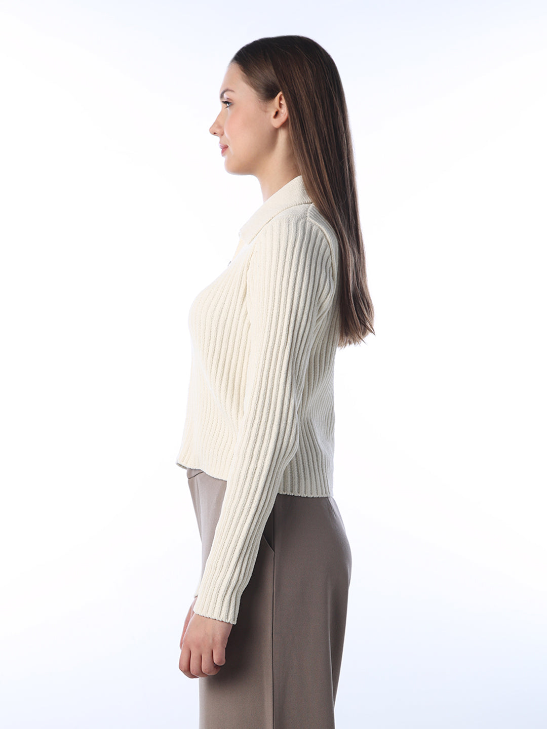 Ribbed Zip Polo Cardigan - Cream