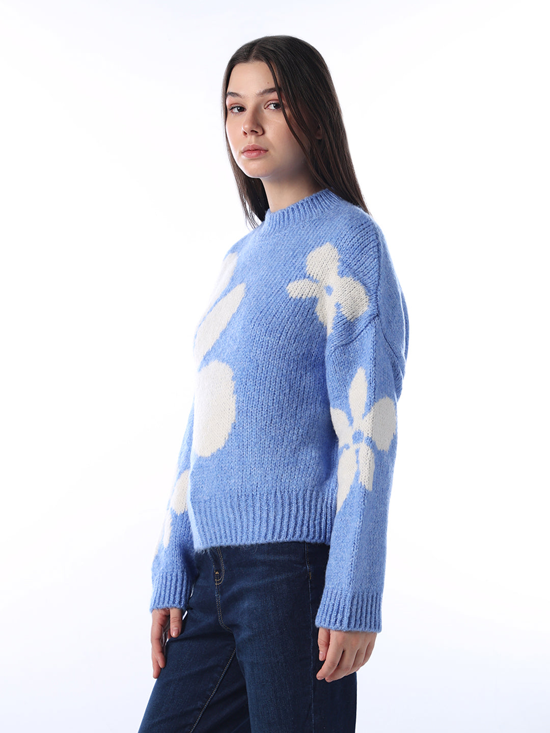 Floral Jacquard Chunky Pullover - Blue