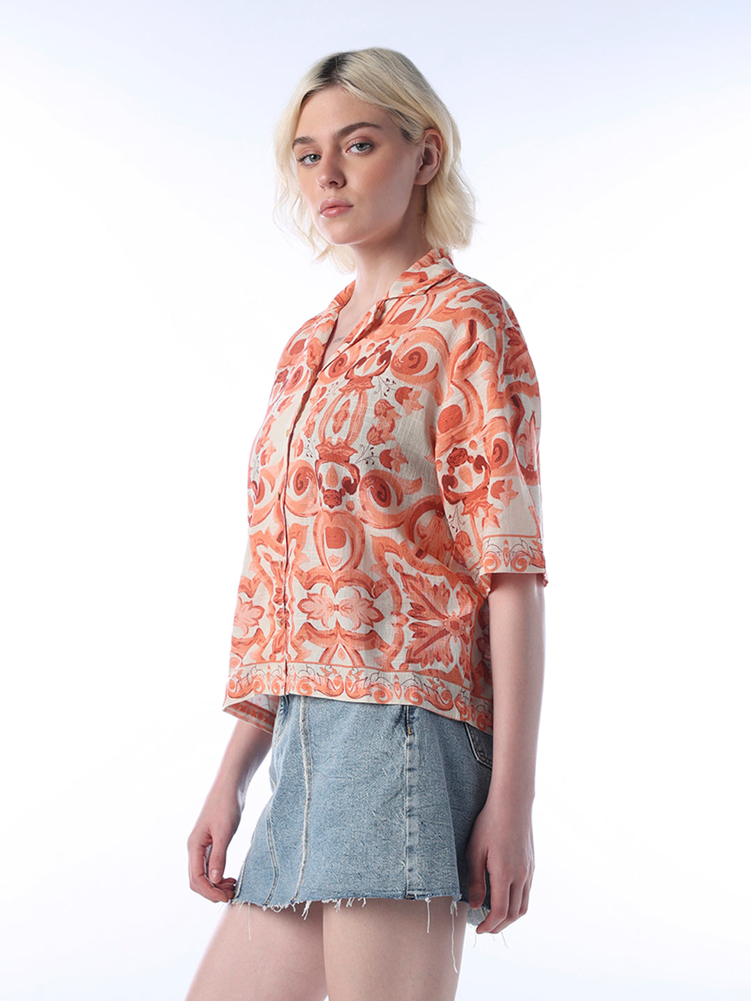 Printed Cotton Shirt - Orange