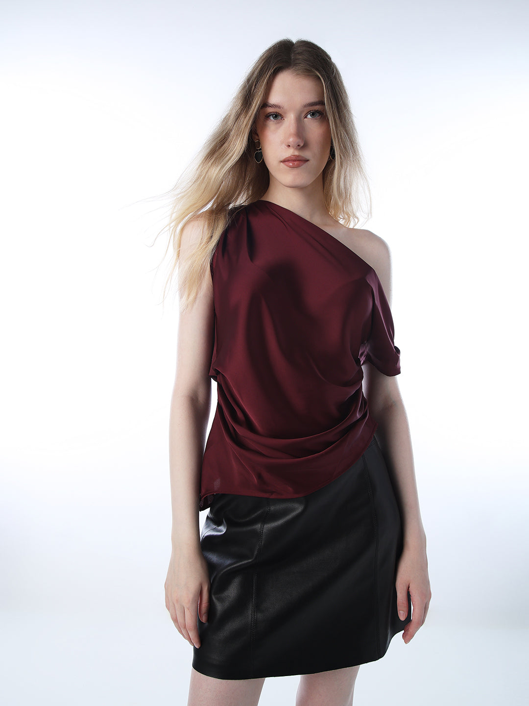 Draped One-Shoulder Satin Top