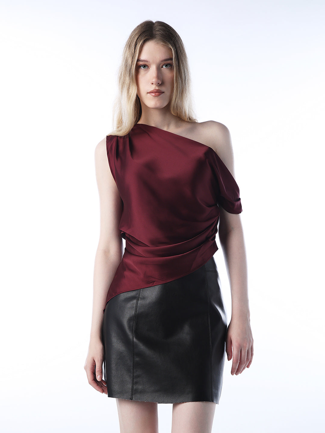 Draped One-Shoulder Satin Top