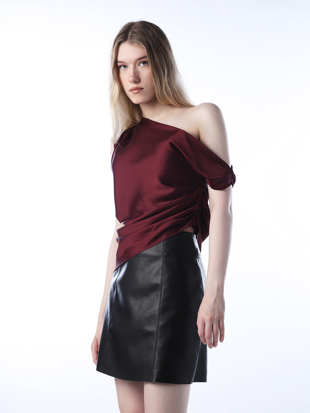Draped One-Shoulder Satin Top