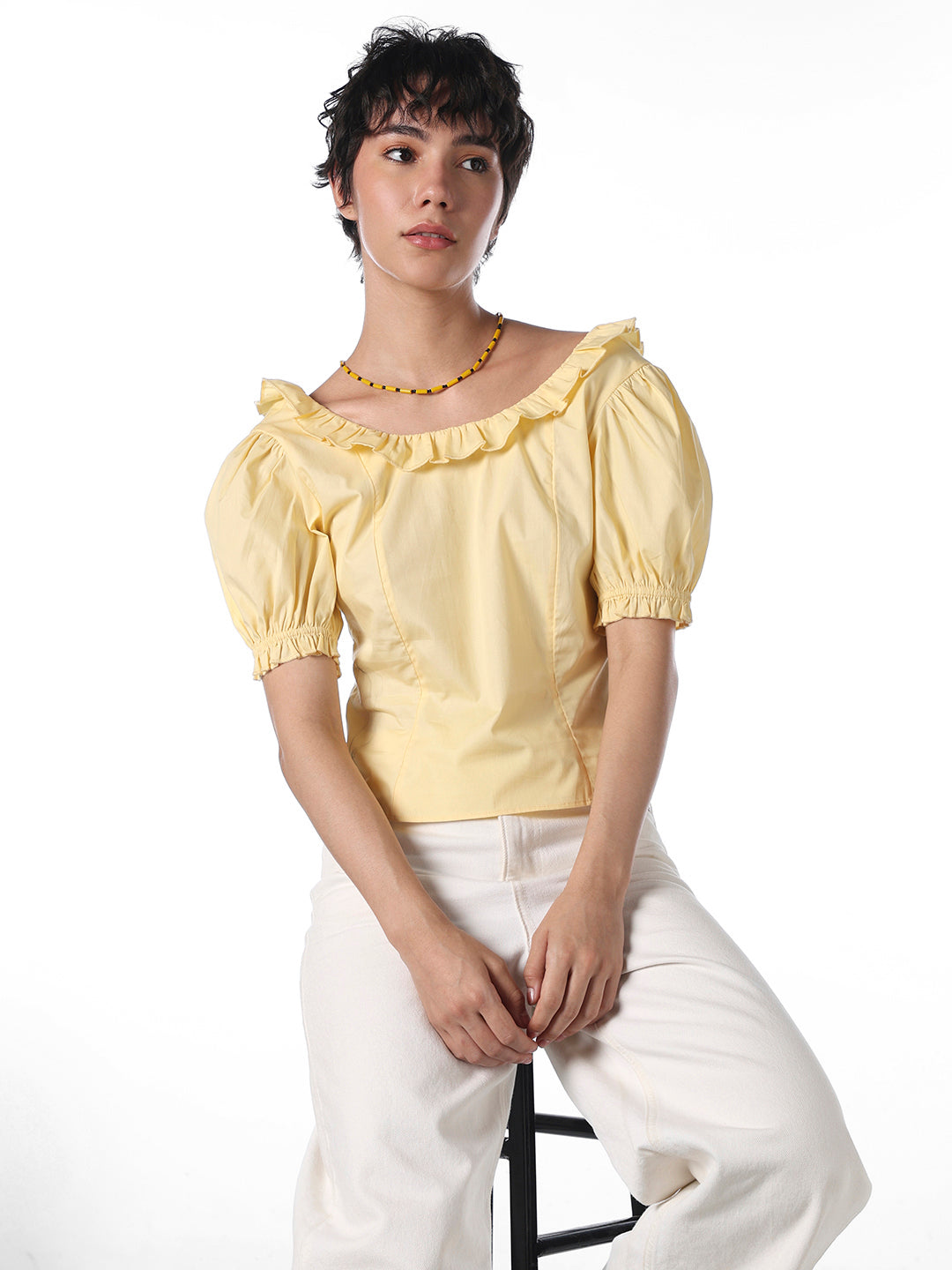 Yellow Frill-Trim Top