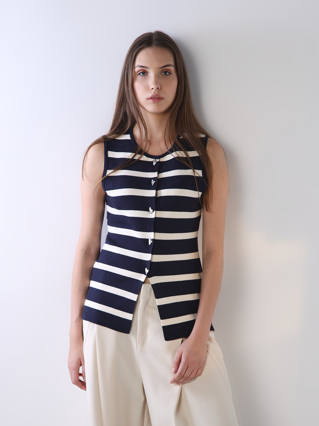 Button-Down Striped Long Vest Top