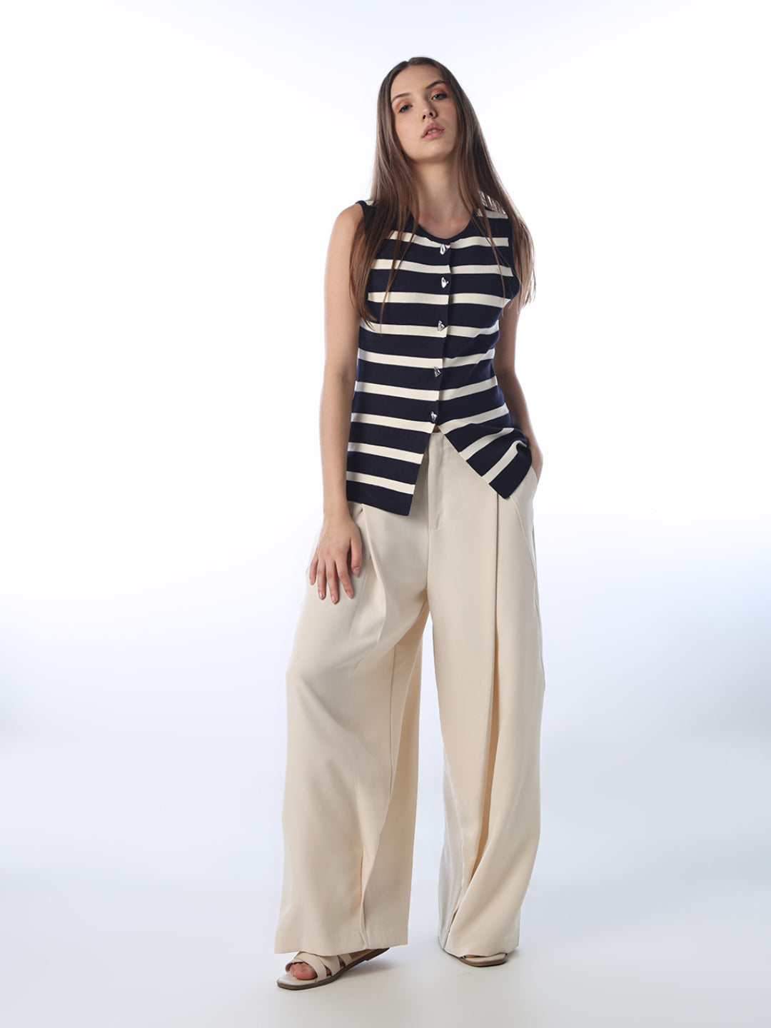 Button-Down Striped Long Vest Top