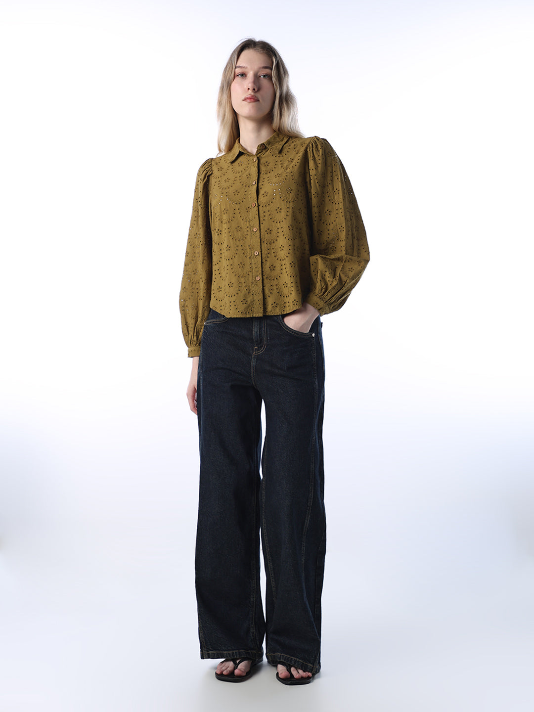 Olive Cotton Schiffli Shirt