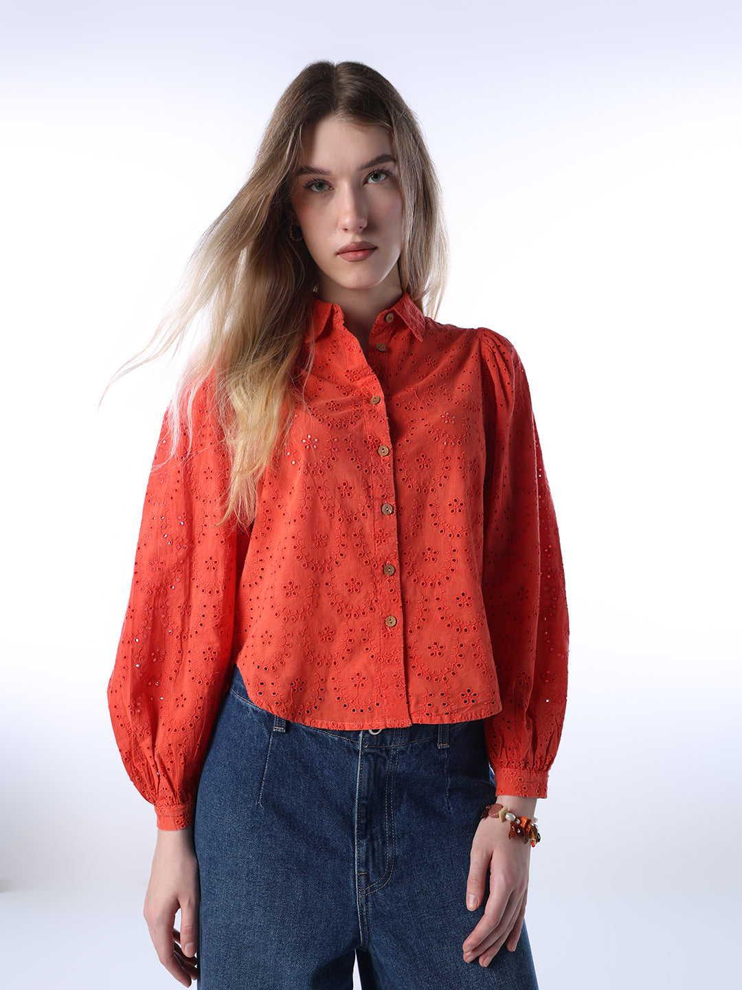 Red Cotton Schiffli Shirt