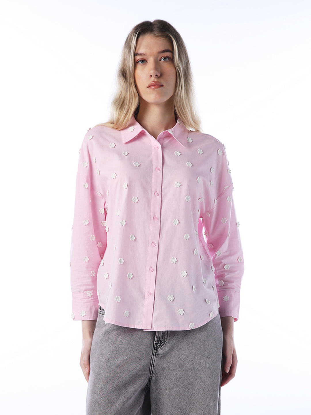 Floral Applique Cotton Shirt