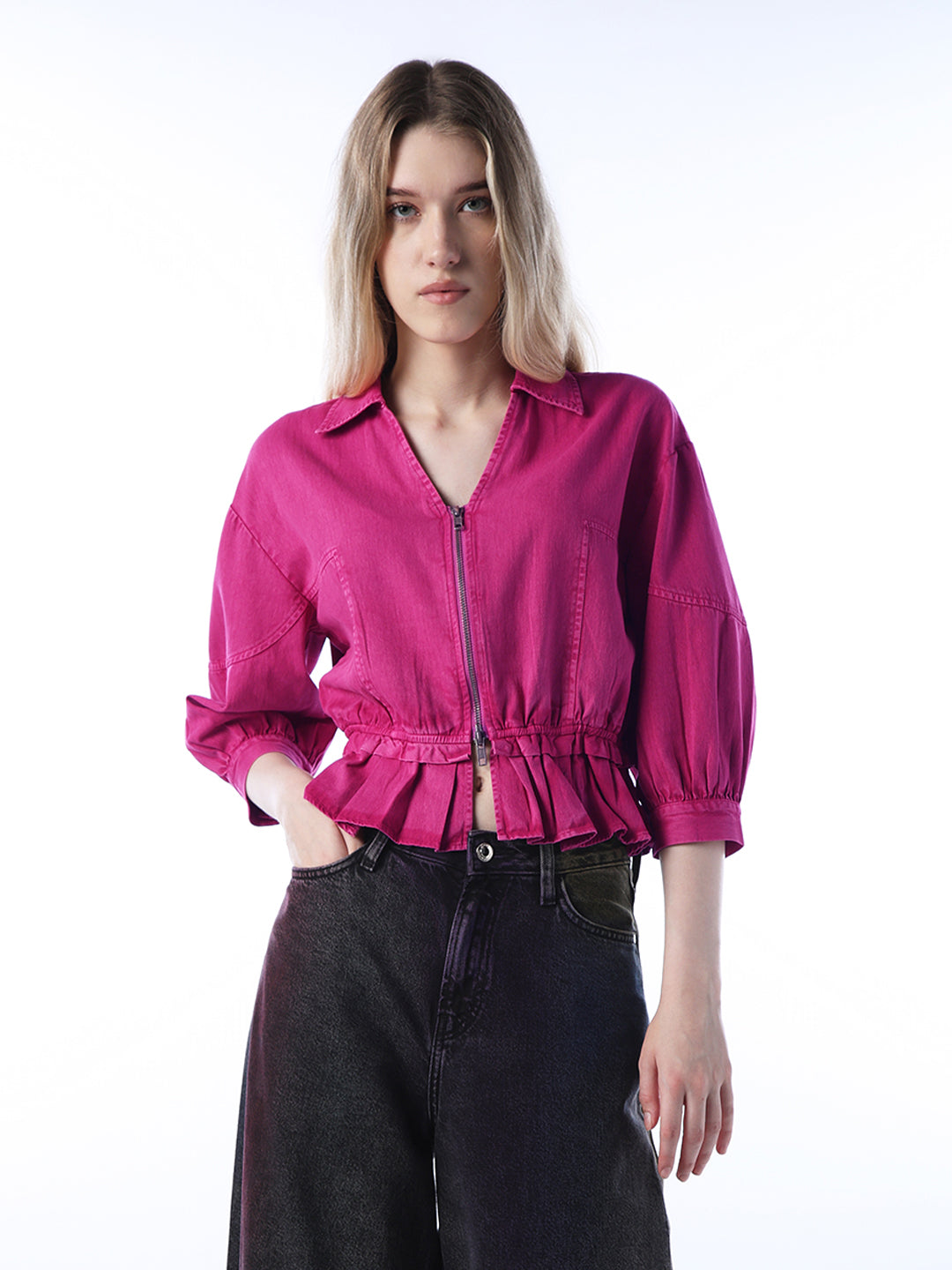 Vintage Washed Zip-Up Shirt - Pink