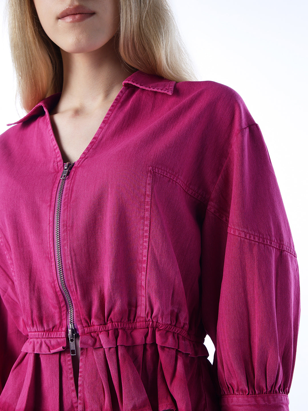 Vintage Washed Zip-Up Shirt - Pink