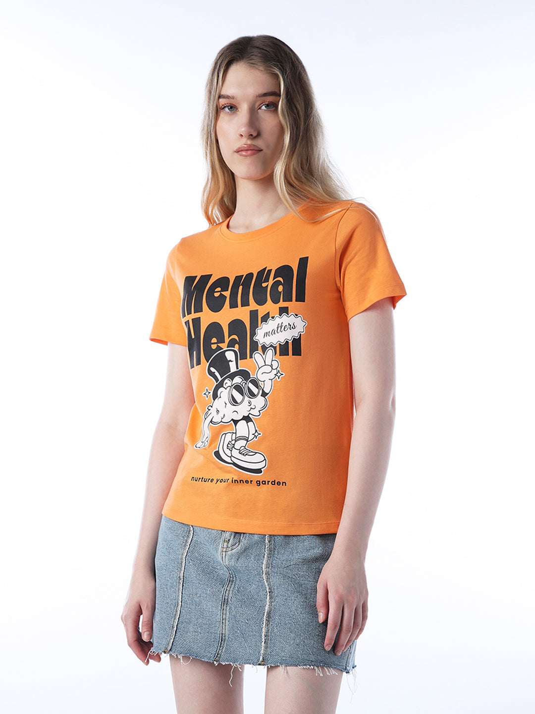 Orange Printed Cotton T-shirt