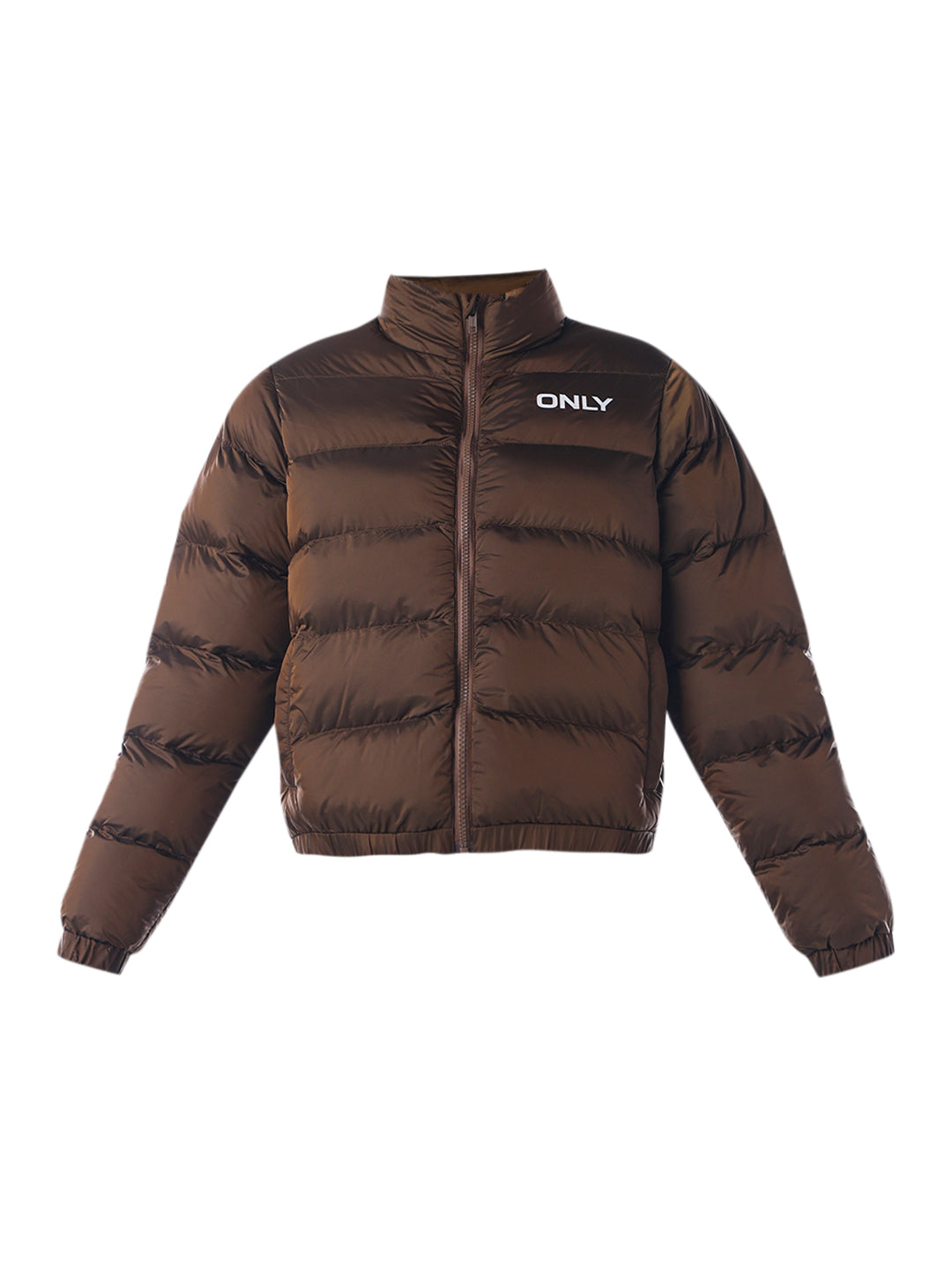 Logo Print High Neck Puffer Jacket - Brown