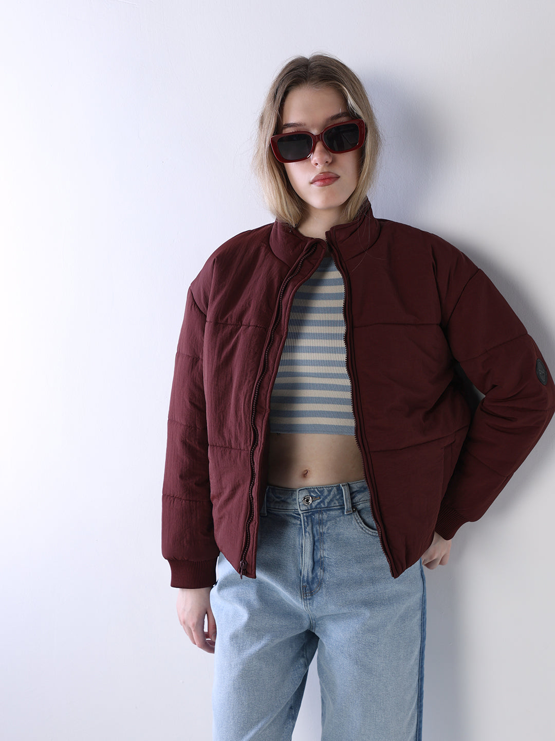 Maroon High Neck Puffer Jacket