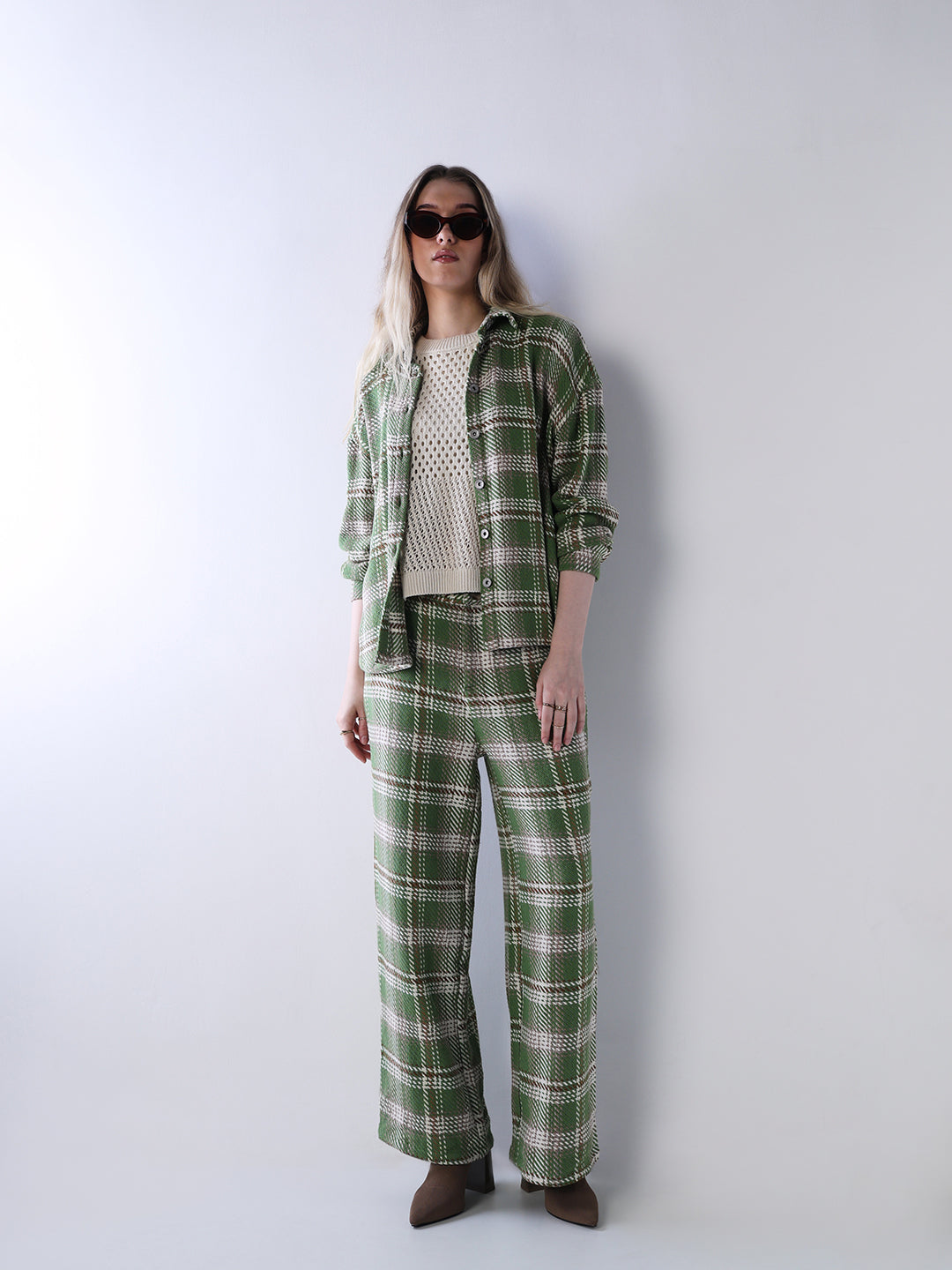 Green Check Print Pants