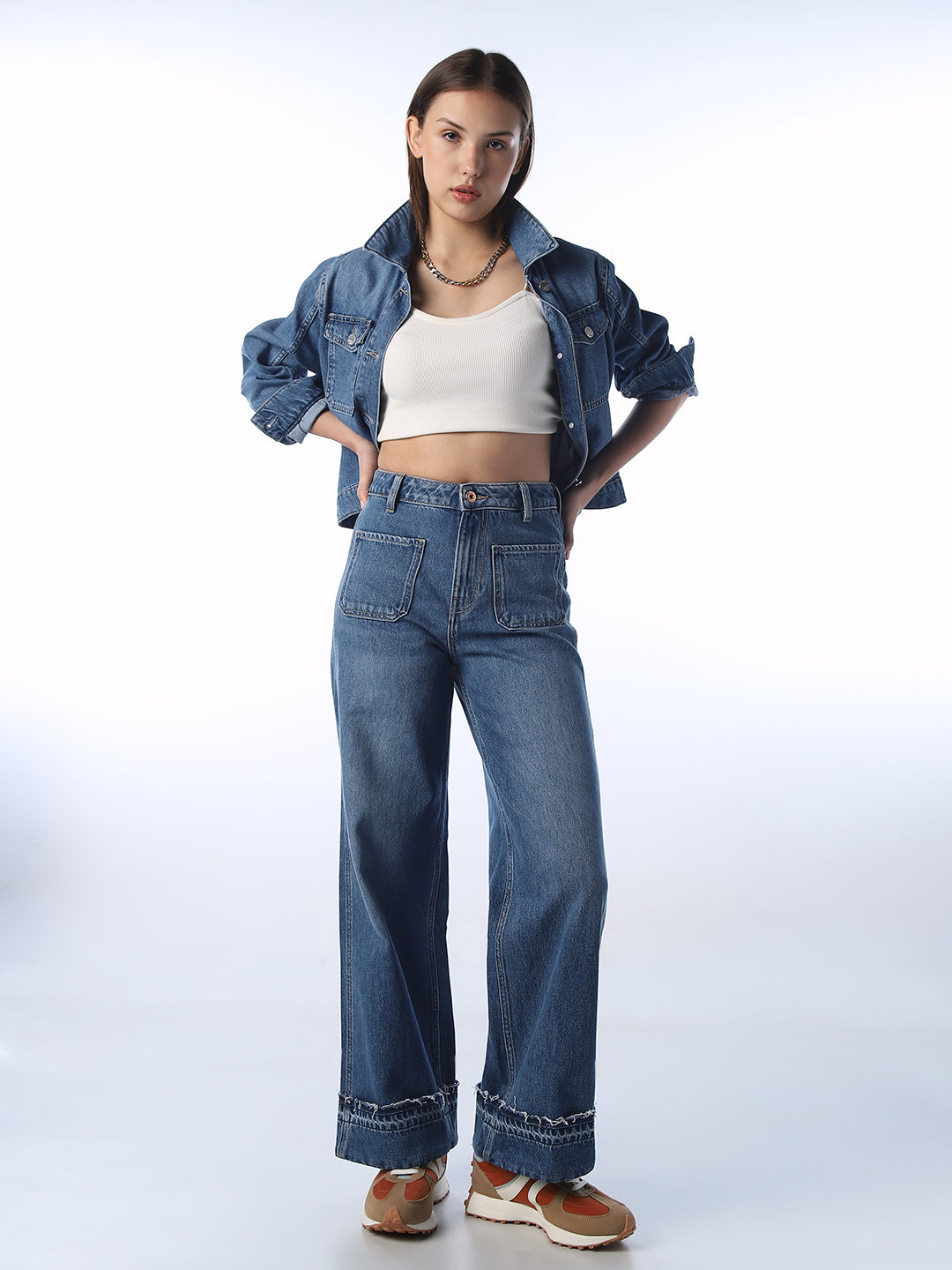 Raw Hem Wide Leg Jeans - Medium Blue