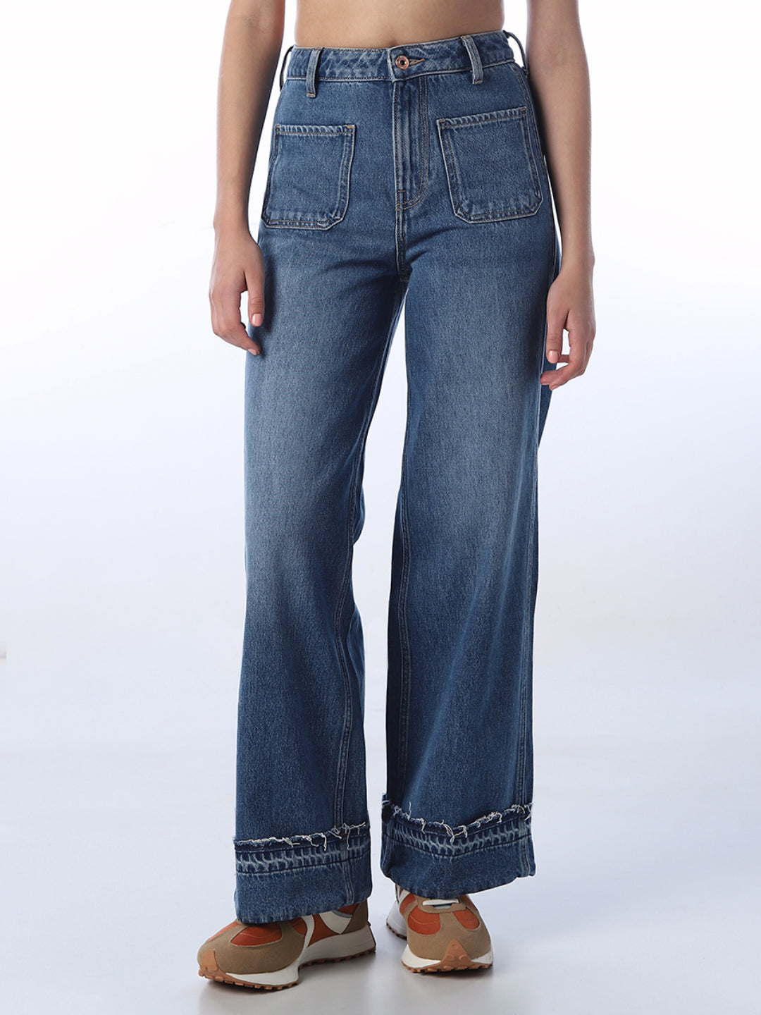 Raw Hem Wide Leg Jeans - Medium Blue