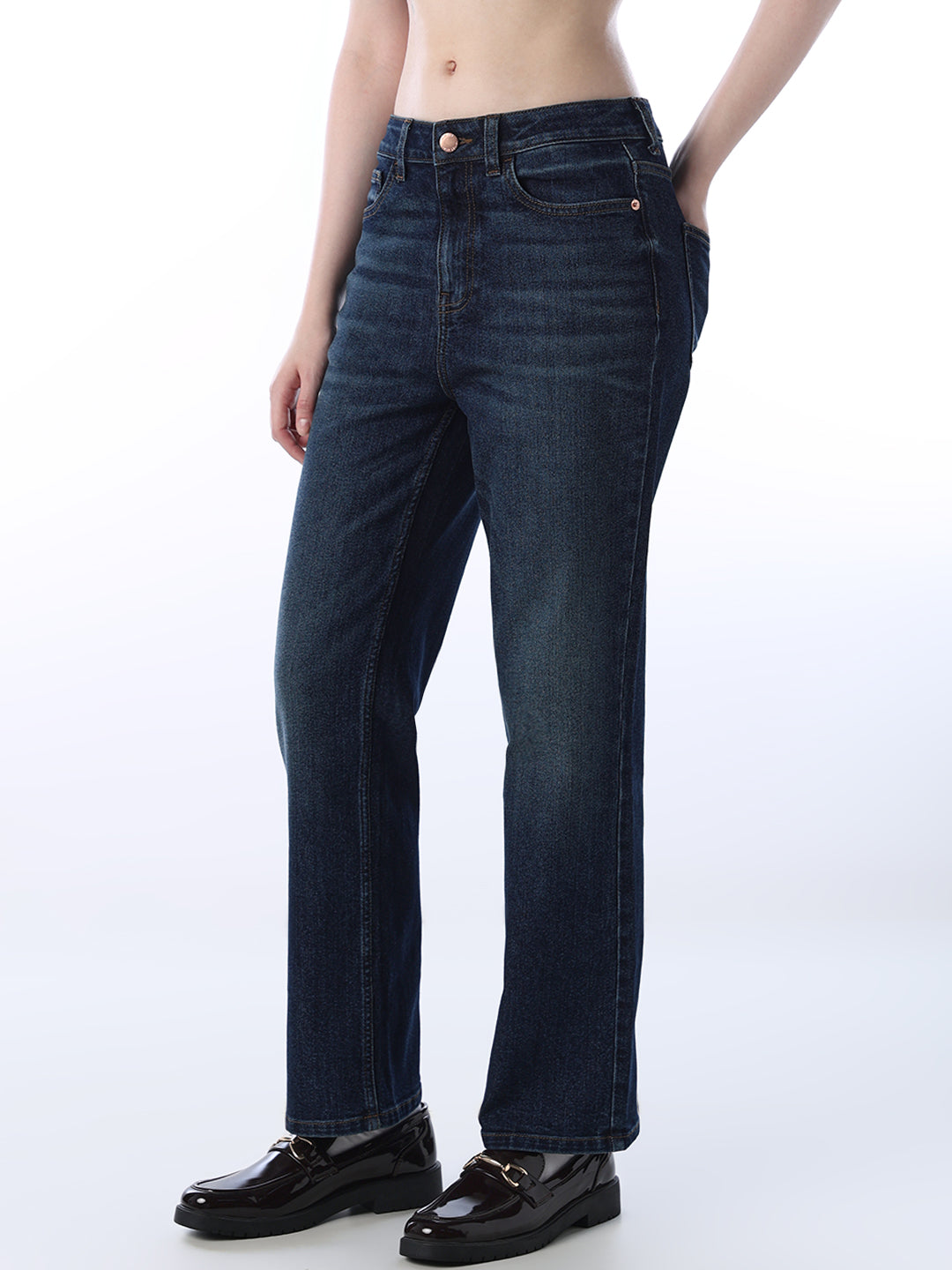 High Rise Straight Fit Jeans - Dark Blue