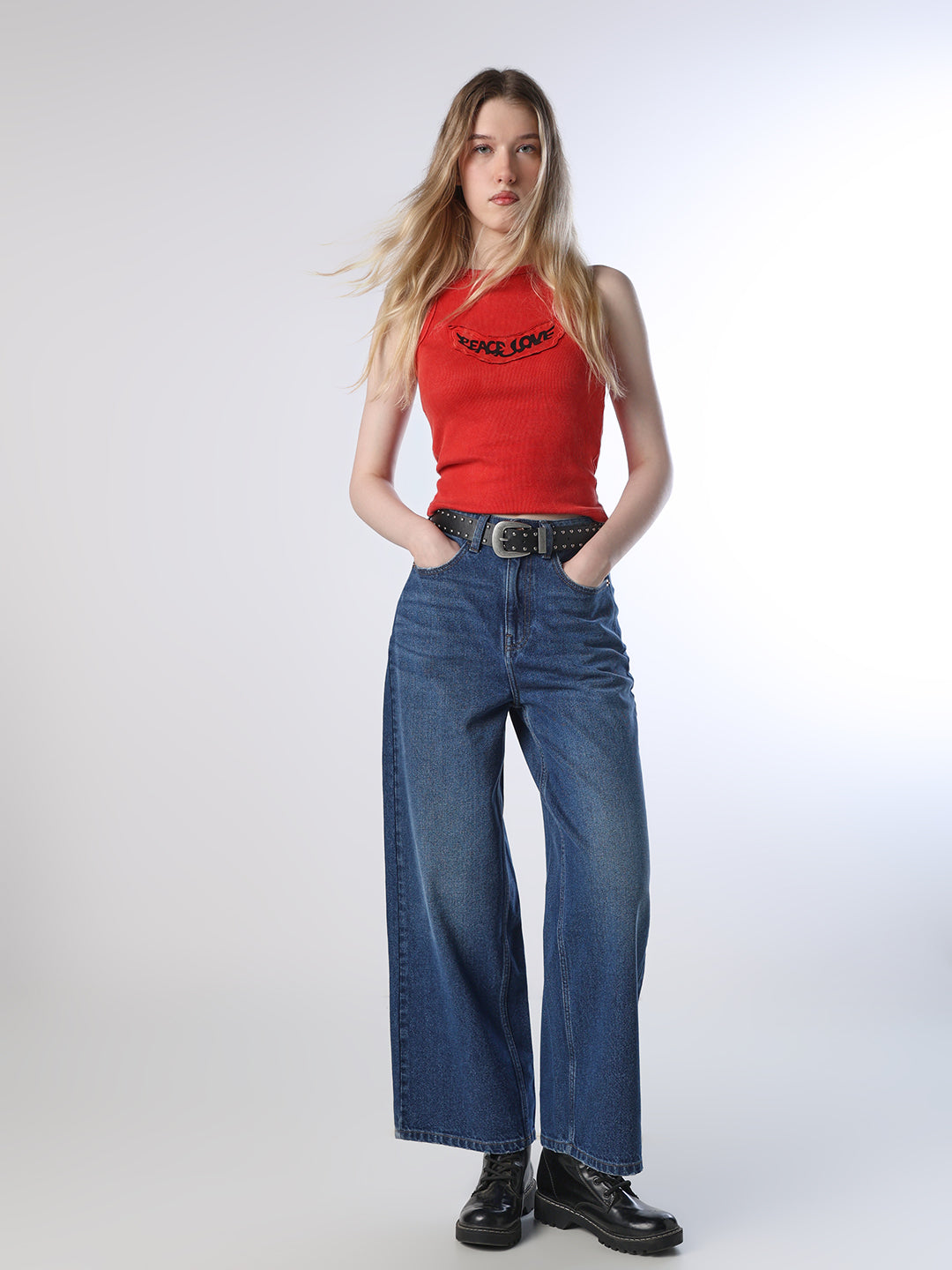 Wide Leg High Rise Jeans - Dark Blue