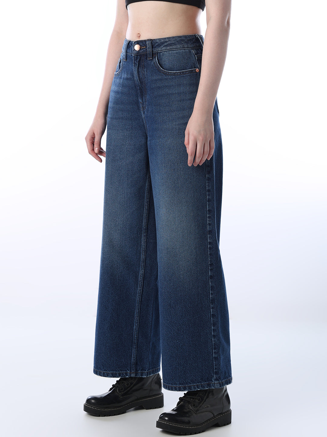 Wide Leg High Rise Jeans - Dark Blue