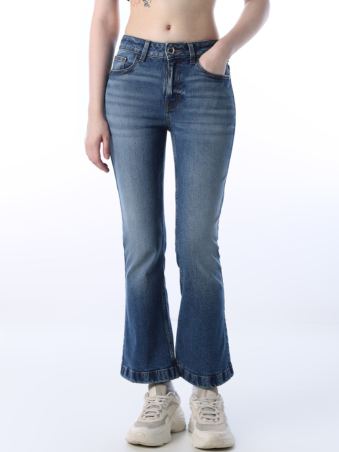 Cropped Flared Jeans - Medium Blue
