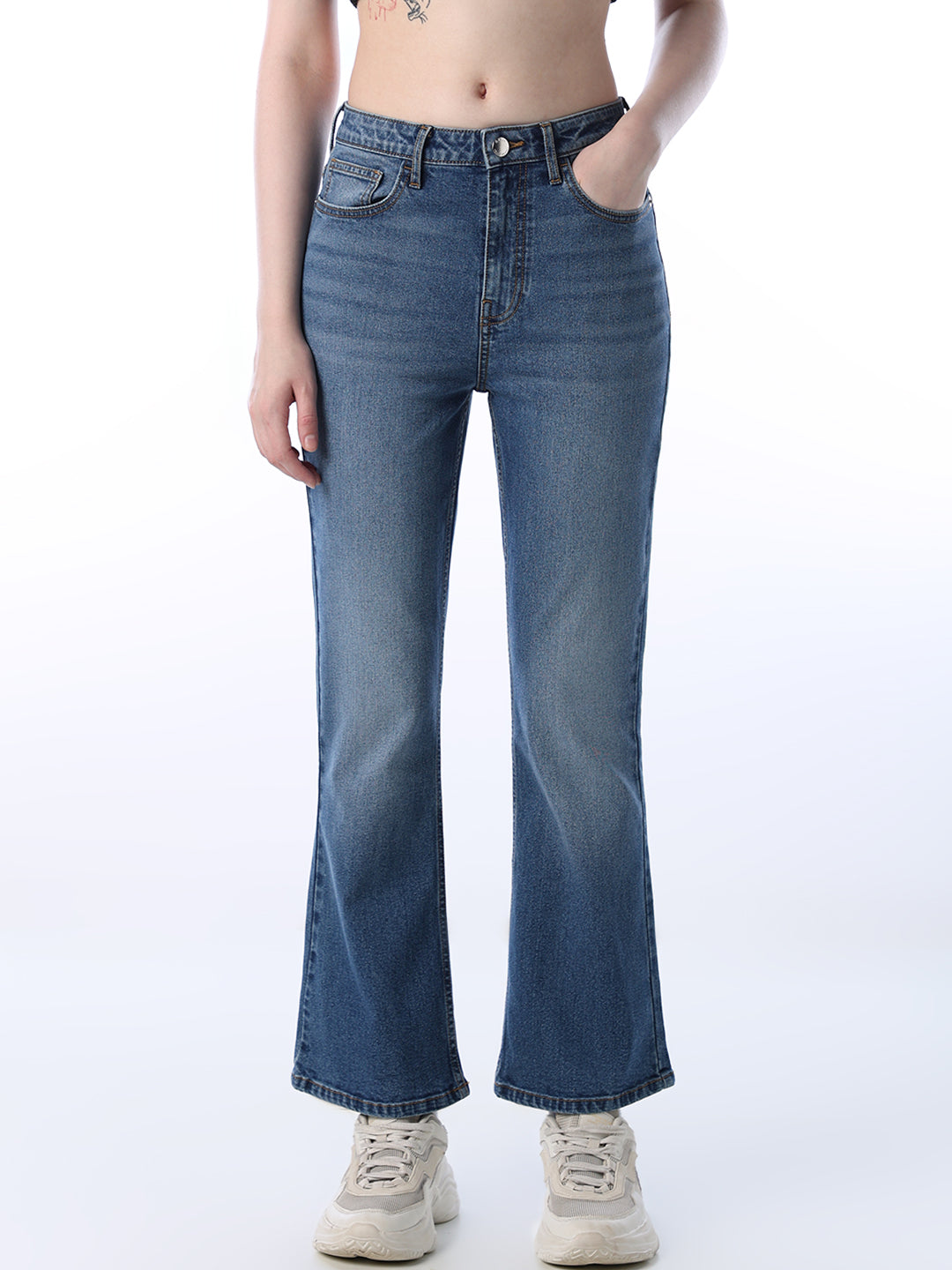 Flared High Rise Jeans - Medium Blue