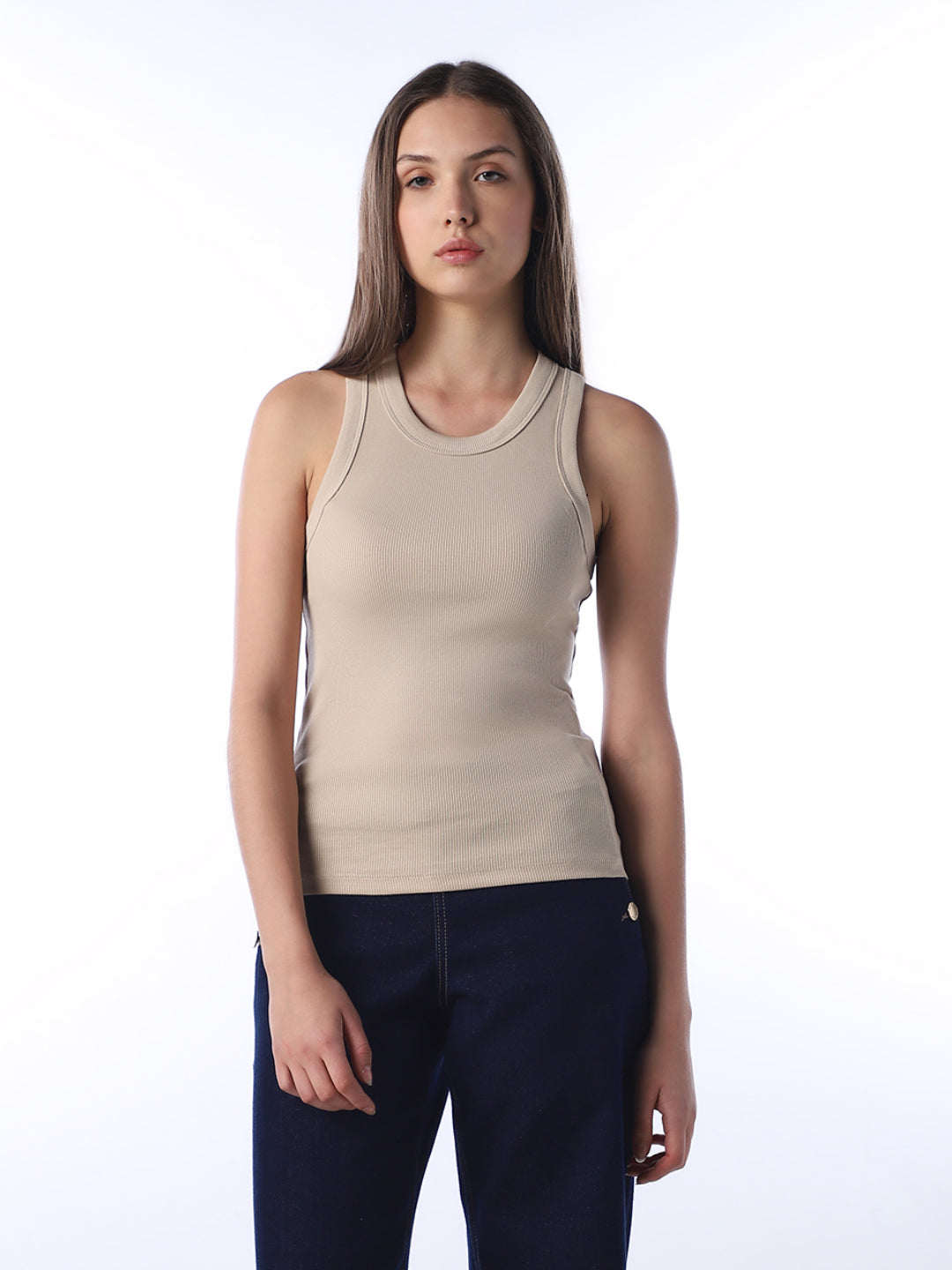 Beige Ribbed Tank Top