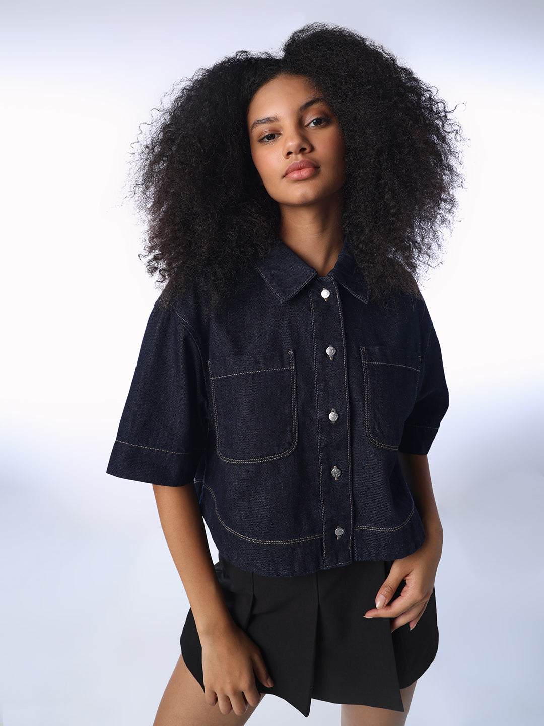 Dark Blue Cropped Denim Shirt