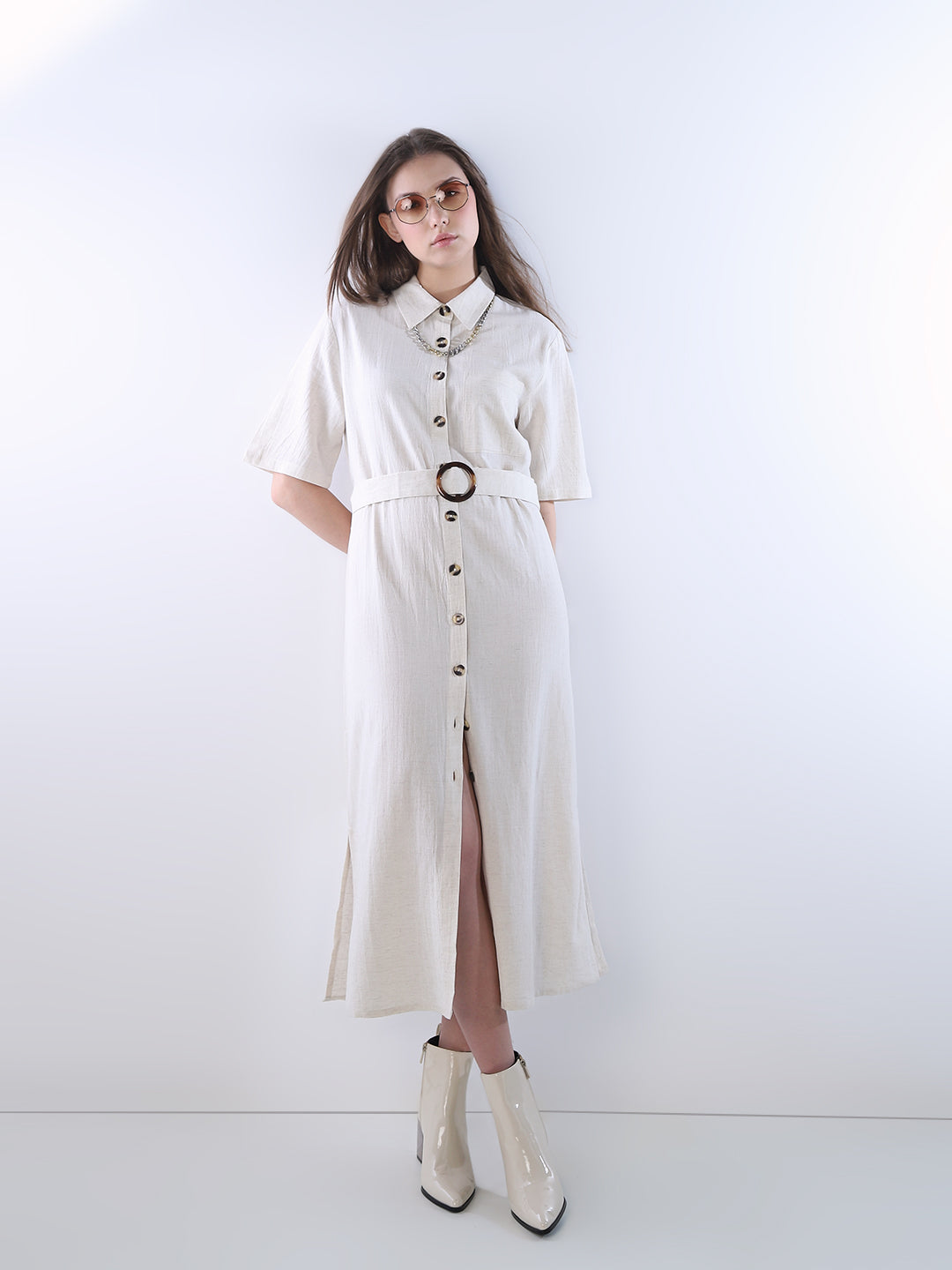 Linen Blend Midi Shirt Dress