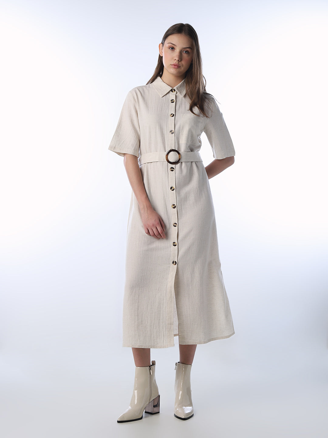 Linen Blend Midi Shirt Dress