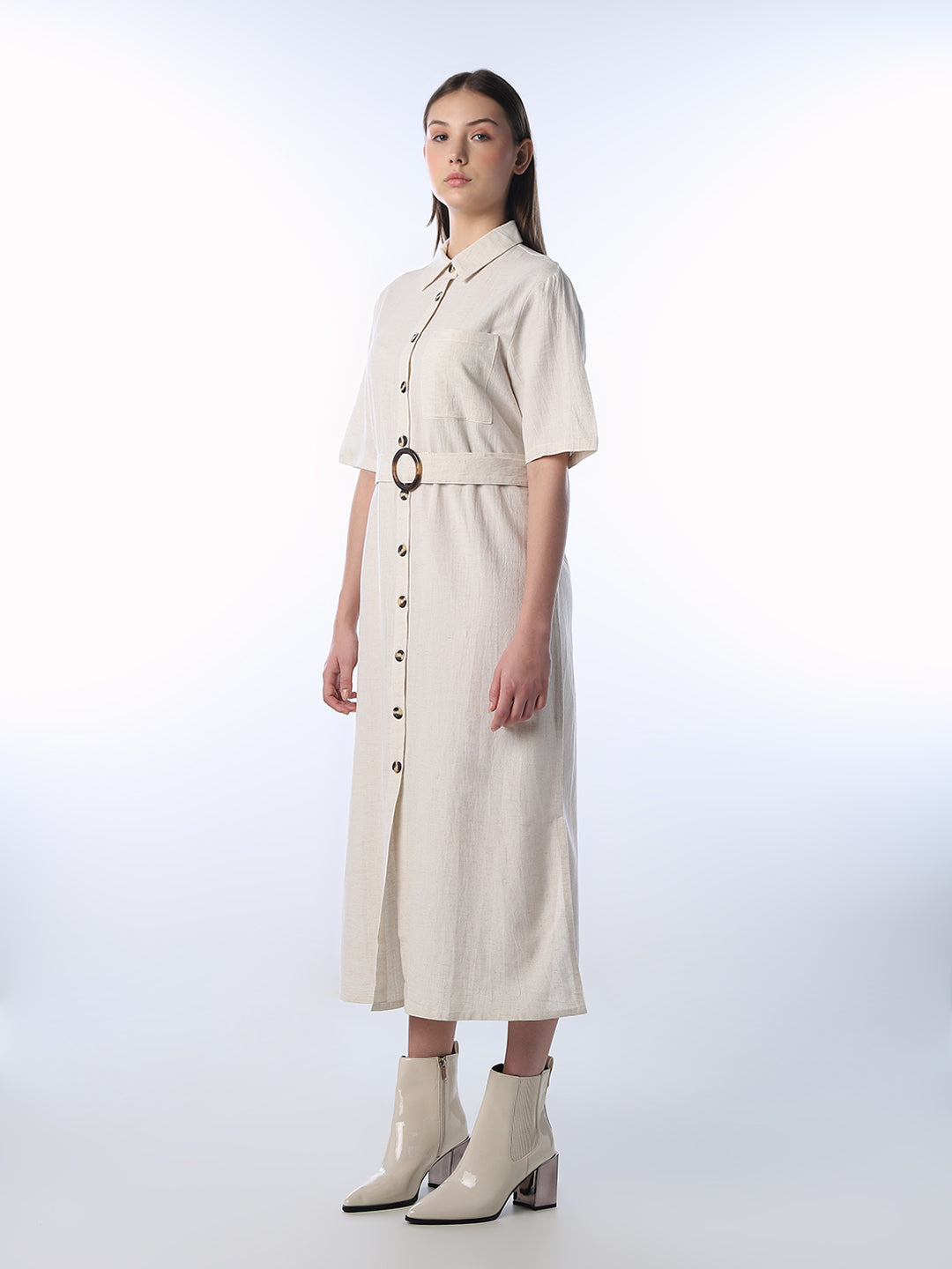 Linen Blend Midi Shirt Dress