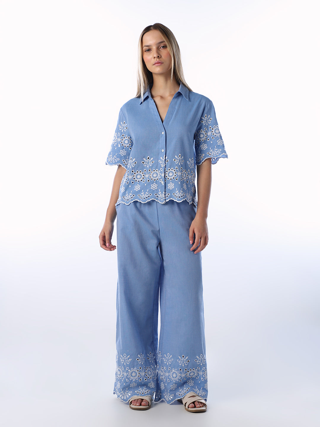 Blue Cotton Embroidered Shirt