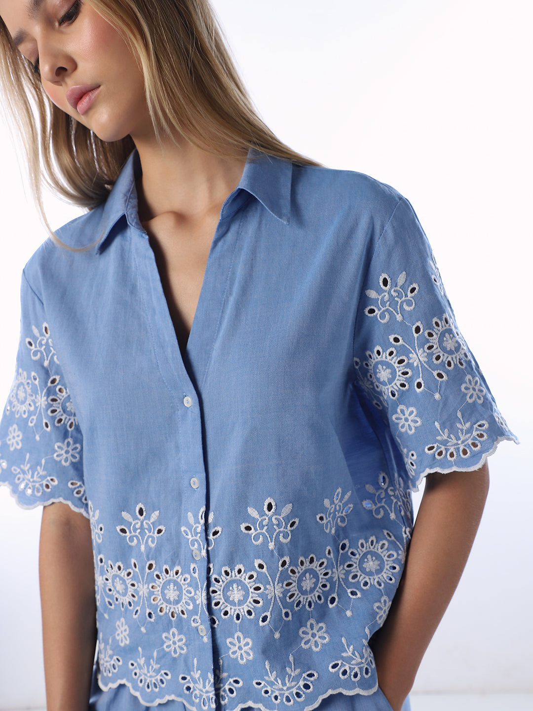 Blue Cotton Embroidered Shirt