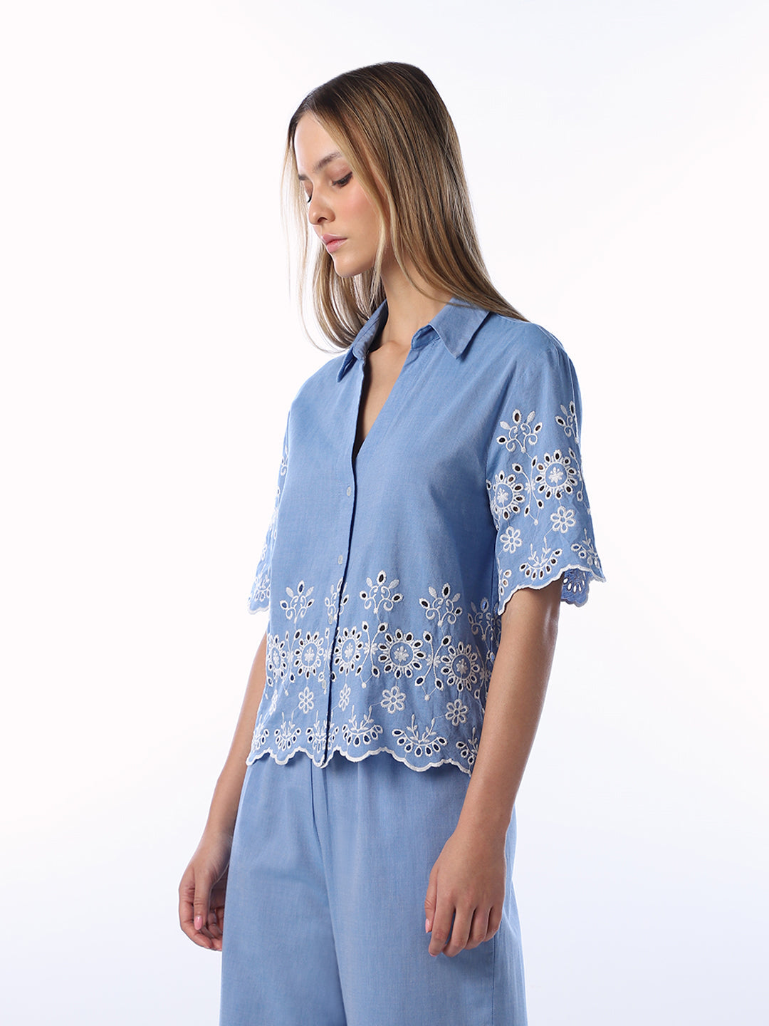 Blue Cotton Embroidered Shirt