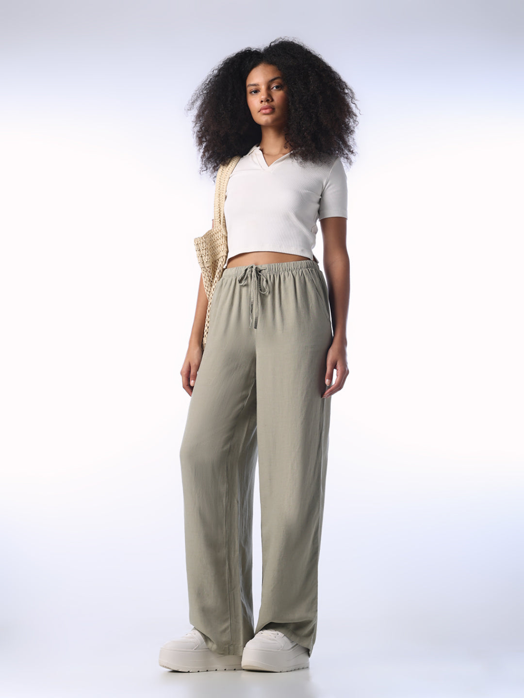 Linen Blend Loose Fit Pants - Light Green
