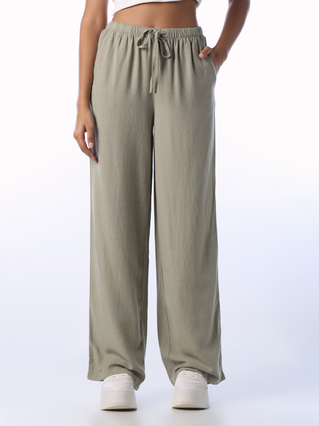 Linen Blend Loose Fit Pants - Light Green