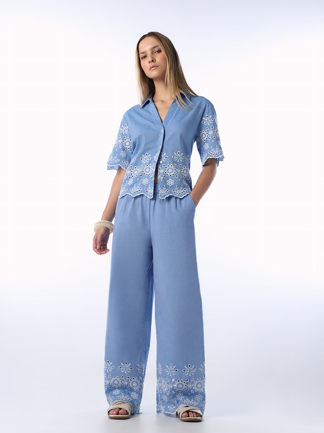 Blue Embroidered Cotton Pants
