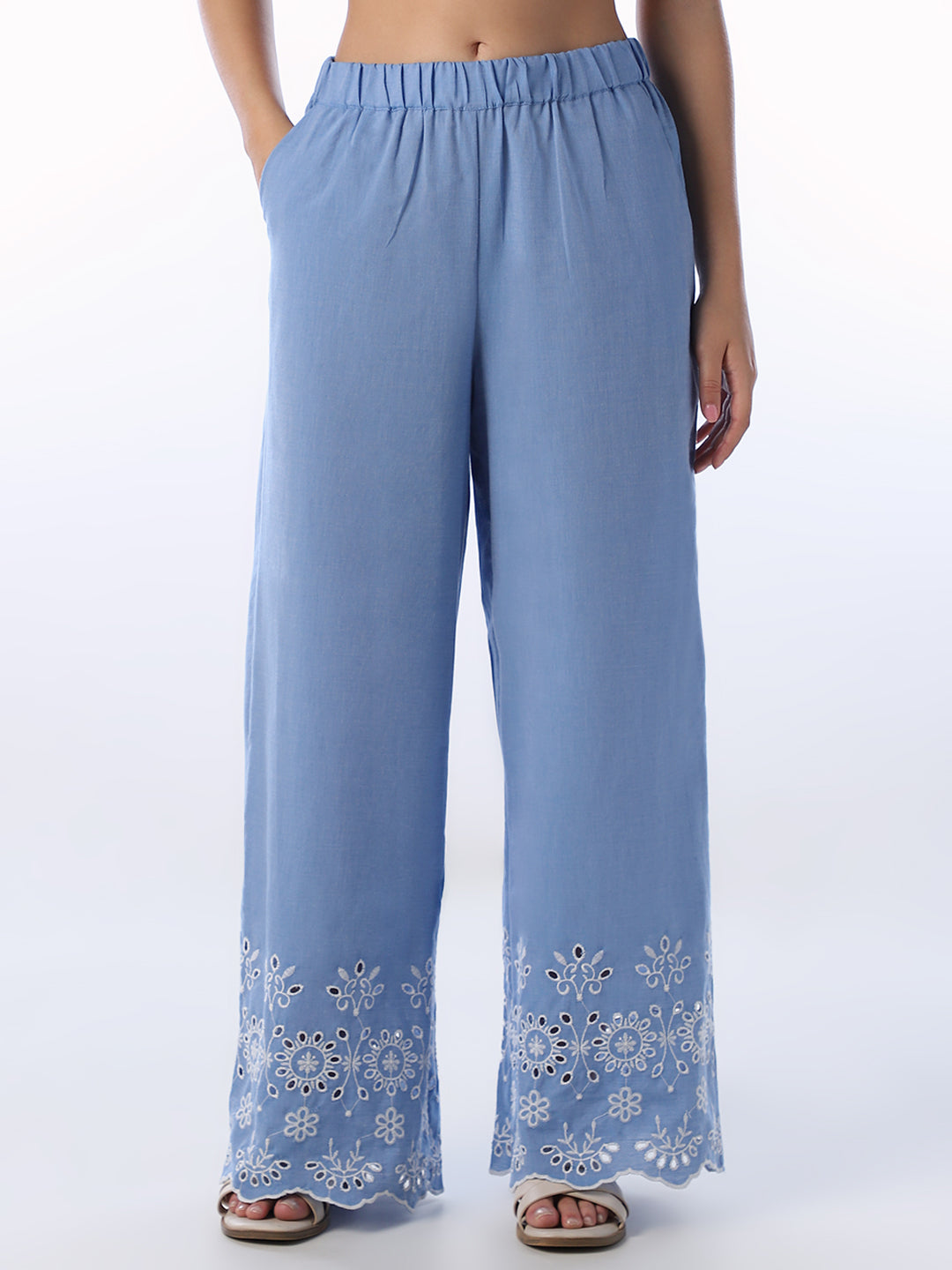 Blue Embroidered Cotton Pants