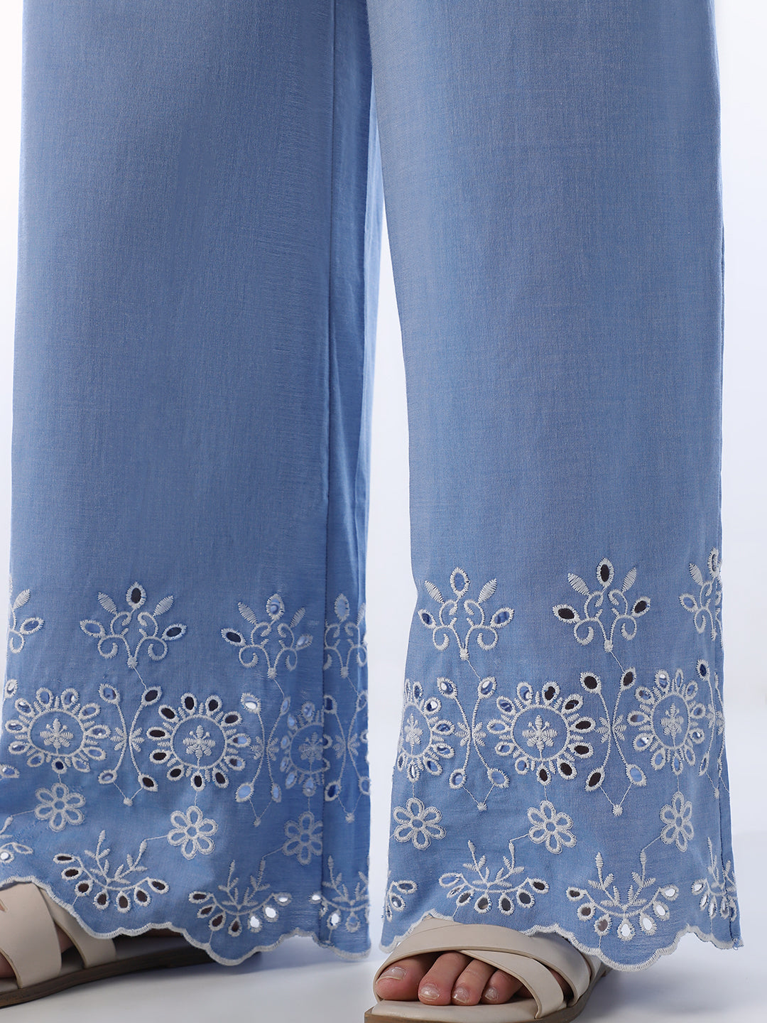 Blue Embroidered Cotton Pants