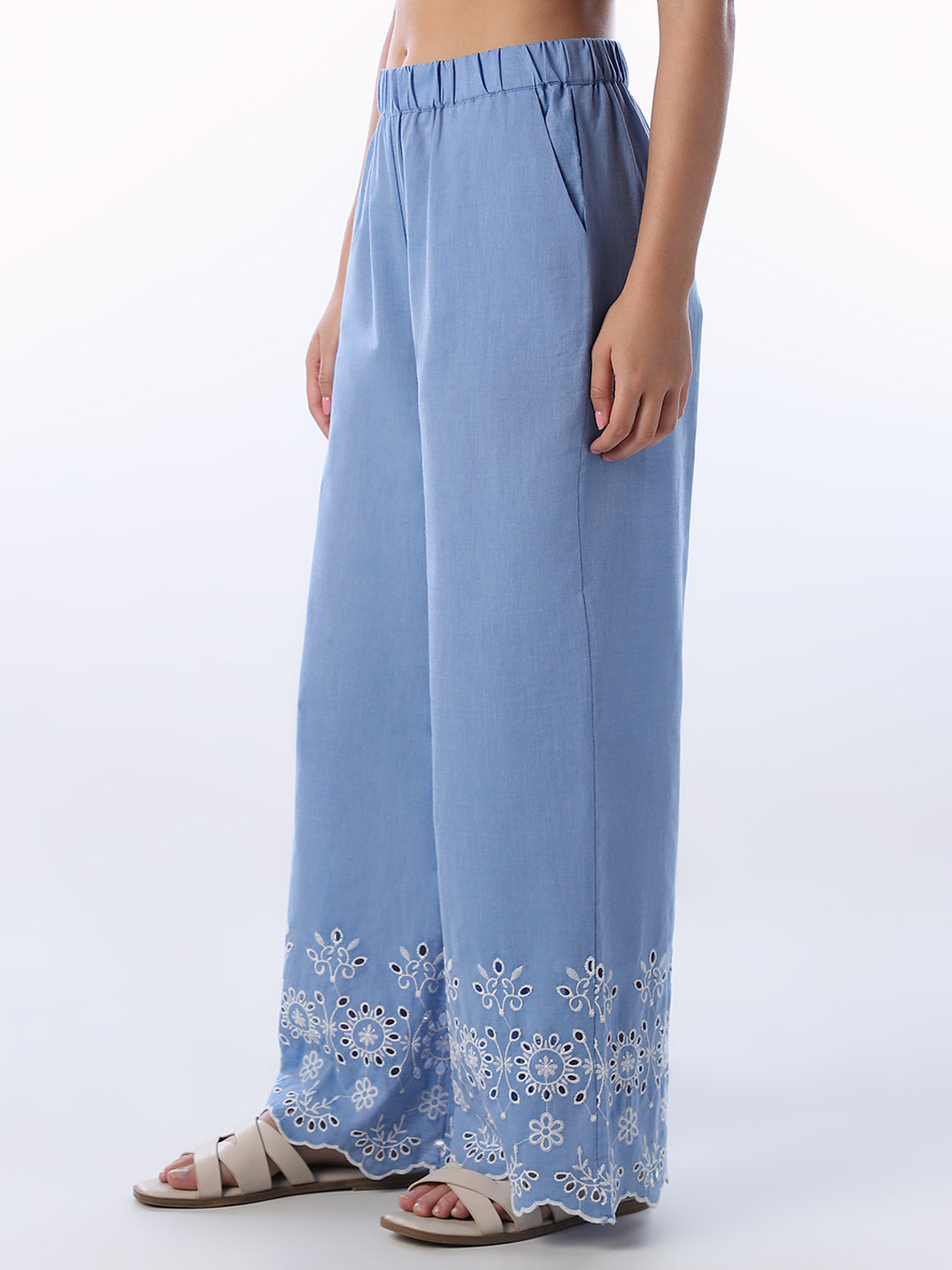 Blue Embroidered Cotton Pants