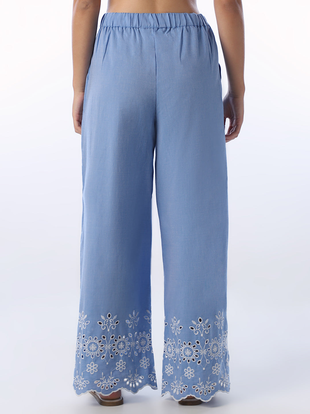 Blue Embroidered Cotton Pants