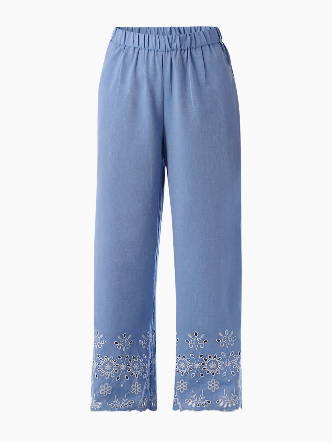 Blue Embroidered Cotton Pants